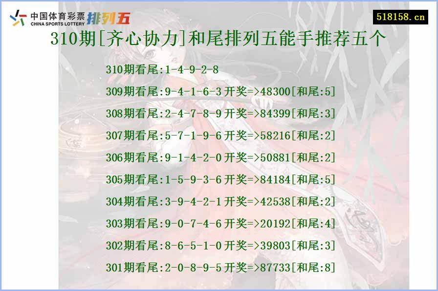 310期[齐心协力]和尾排列五能手推荐五个