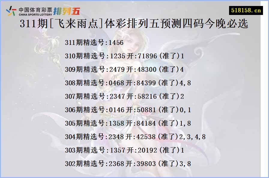 311期[飞来雨点]体彩排列五预测四码今晚必选