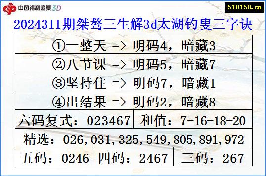 2024311期桀骜三生解3d太湖钓叟三字诀