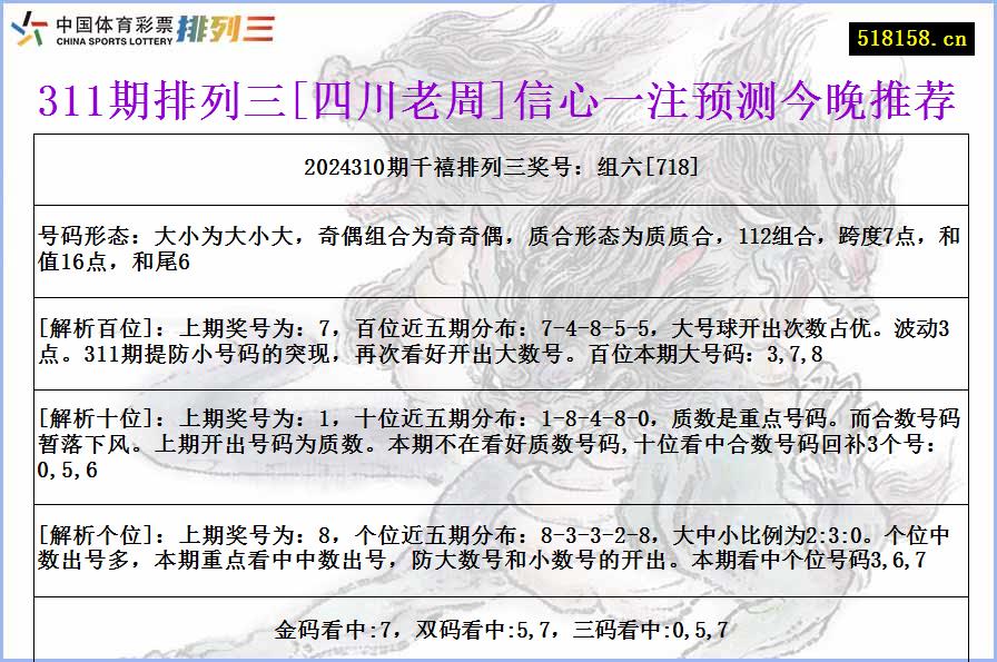 311期排列三[四川老周]信心一注预测今晚推荐