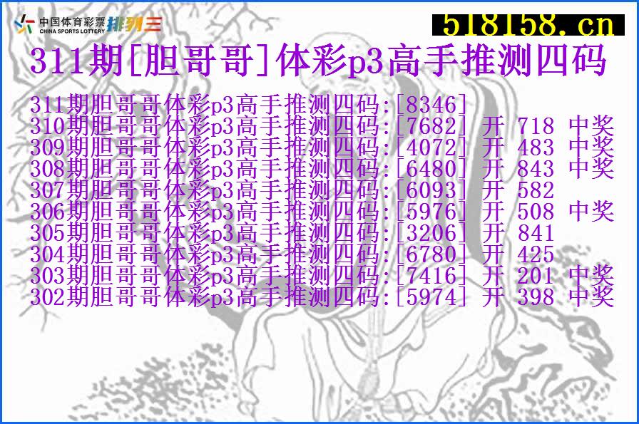 311期[胆哥哥]体彩p3高手推测四码