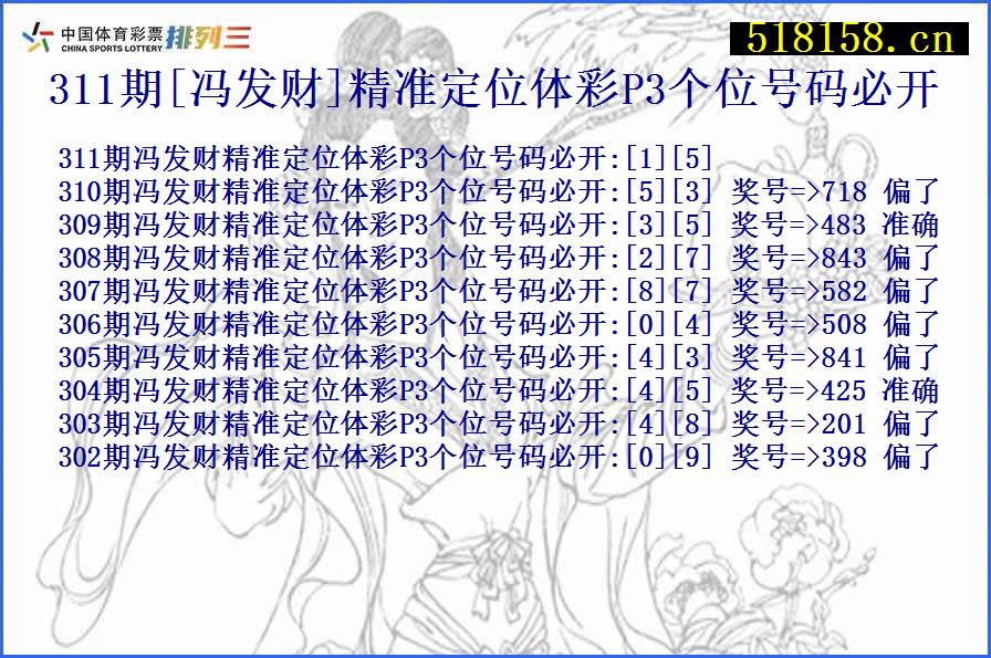 311期[冯发财]精准定位体彩P3个位号码必开