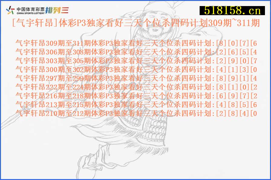 [气宇轩昂]体彩P3独家看好三天个位杀四码计划309期~311期