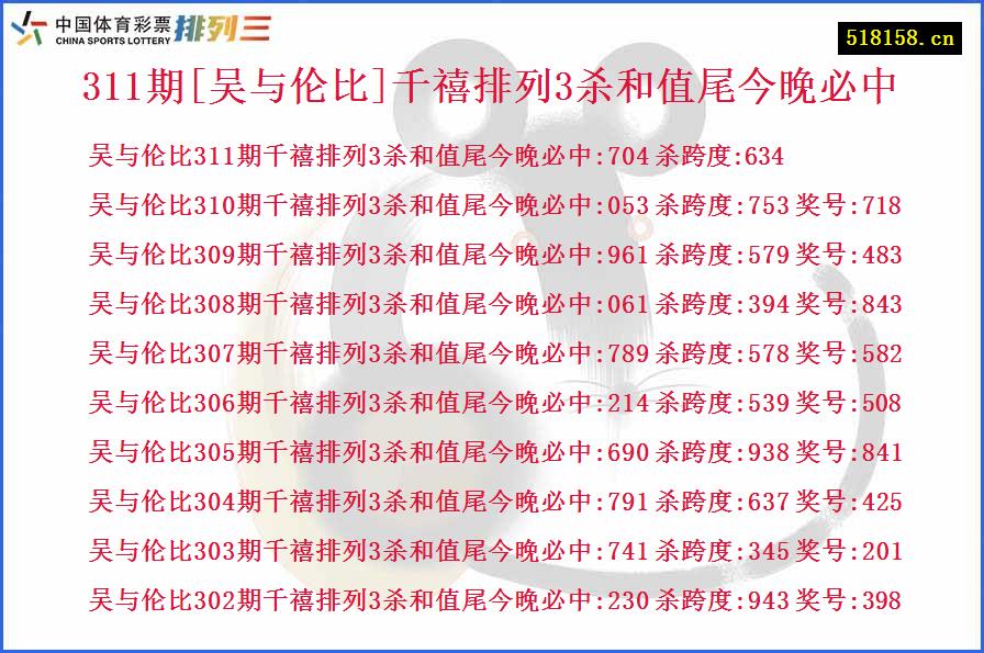 311期[吴与伦比]千禧排列3杀和值尾今晚必中