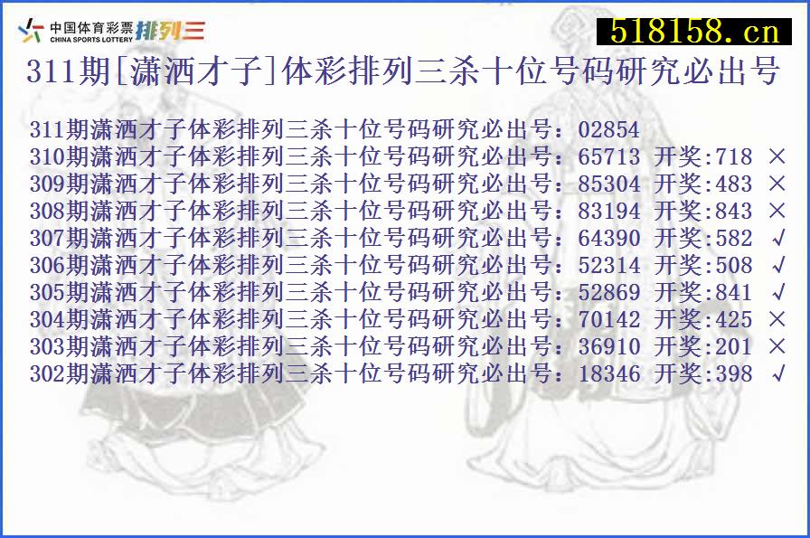 311期[潇洒才子]体彩排列三杀十位号码研究必出号