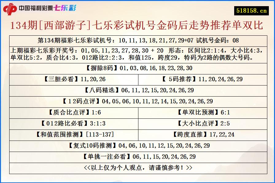 134期[西部游子]七乐彩试机号金码后走势推荐单双比