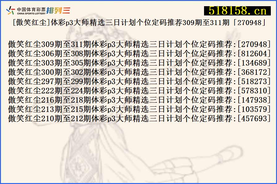 [傲笑红尘]体彩p3大师精选三日计划个位定码推荐309期至311期「270948」