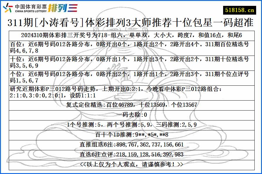 311期[小涛看号]体彩排列3大师推荐十位包星一码超准