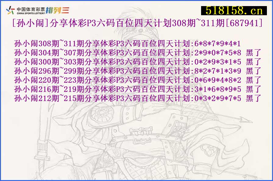 [孙小闹]分享体彩P3六码百位四天计划308期~311期[687941]