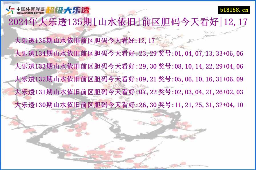 2024年大乐透135期[山水依旧]前区胆码今天看好|12,17