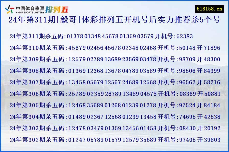 24年第311期[毅哥]体彩排列五开机号后实力推荐杀5个号