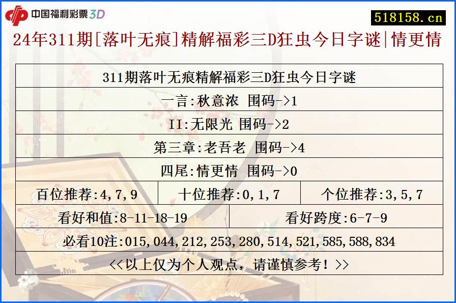 24年311期[落叶无痕]精解福彩三D狂虫今日字谜|情更情