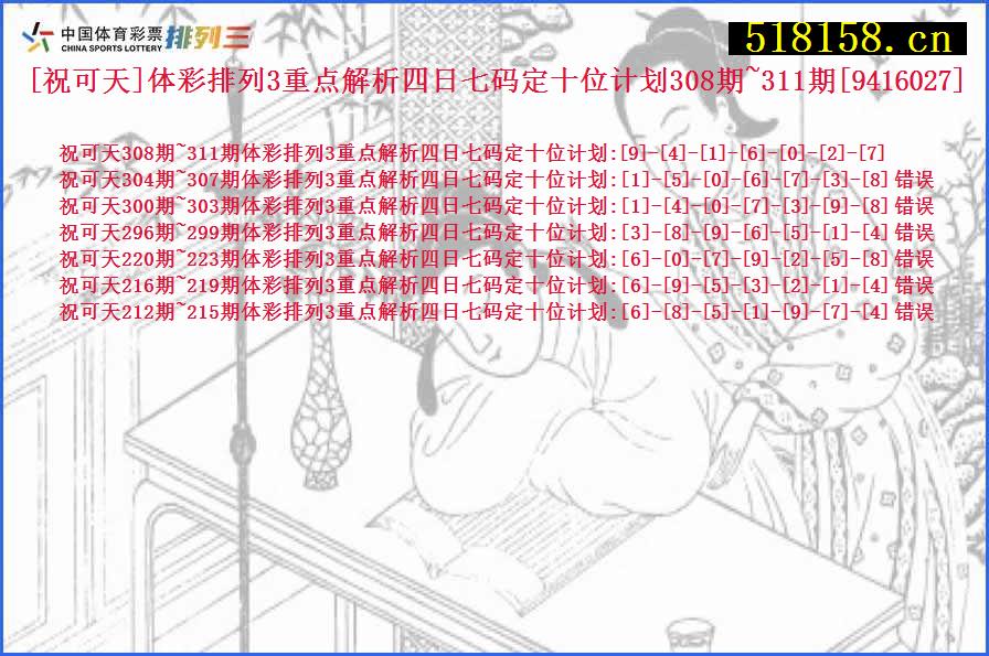 [祝可天]体彩排列3重点解析四日七码定十位计划308期~311期[9416027]