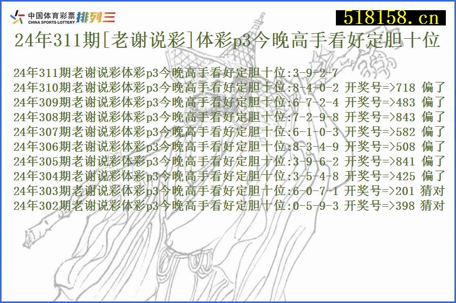 24年311期[老谢说彩]体彩p3今晚高手看好定胆十位