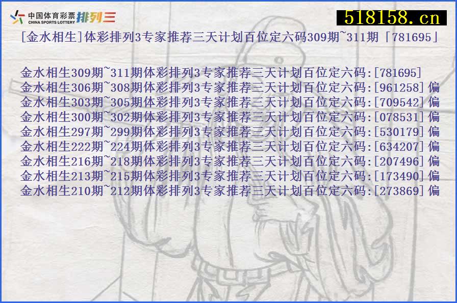 [金水相生]体彩排列3专家推荐三天计划百位定六码309期~311期「781695」