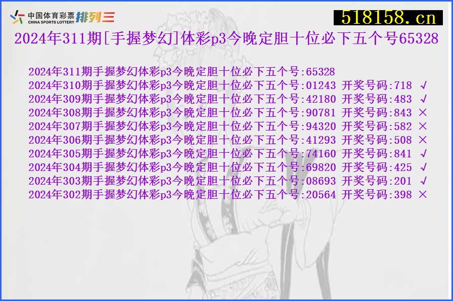 2024年311期[手握梦幻]体彩p3今晚定胆十位必下五个号65328