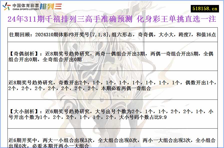 24年311期千禧排列三高手准确预测 化身彩王单挑直选一注