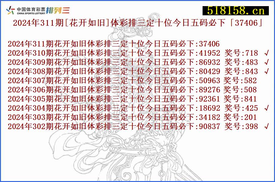 2024年311期[花开如旧]体彩排三定十位今日五码必下「37406」