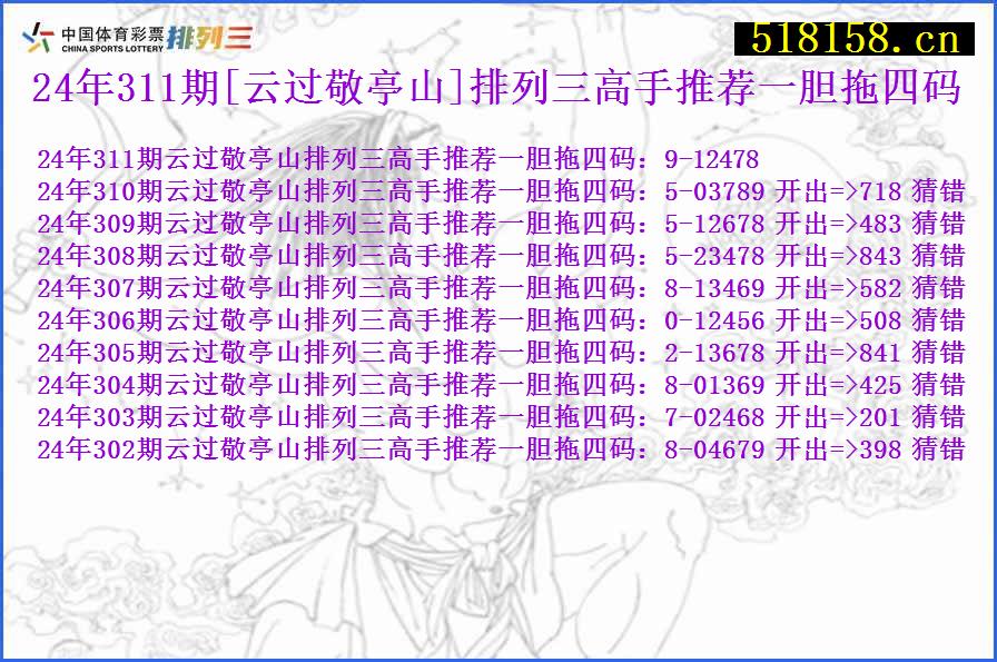 24年311期[云过敬亭山]排列三高手推荐一胆拖四码