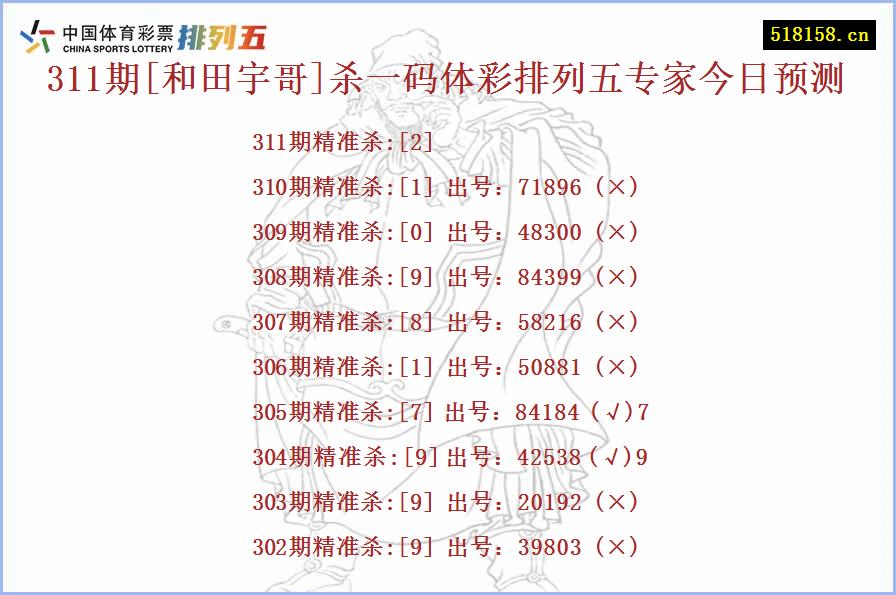 311期[和田宇哥]杀一码体彩排列五专家今日预测