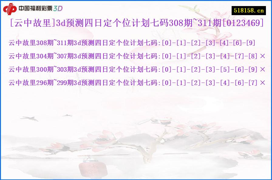 [云中故里]3d预测四日定个位计划七码308期~311期[0123469]