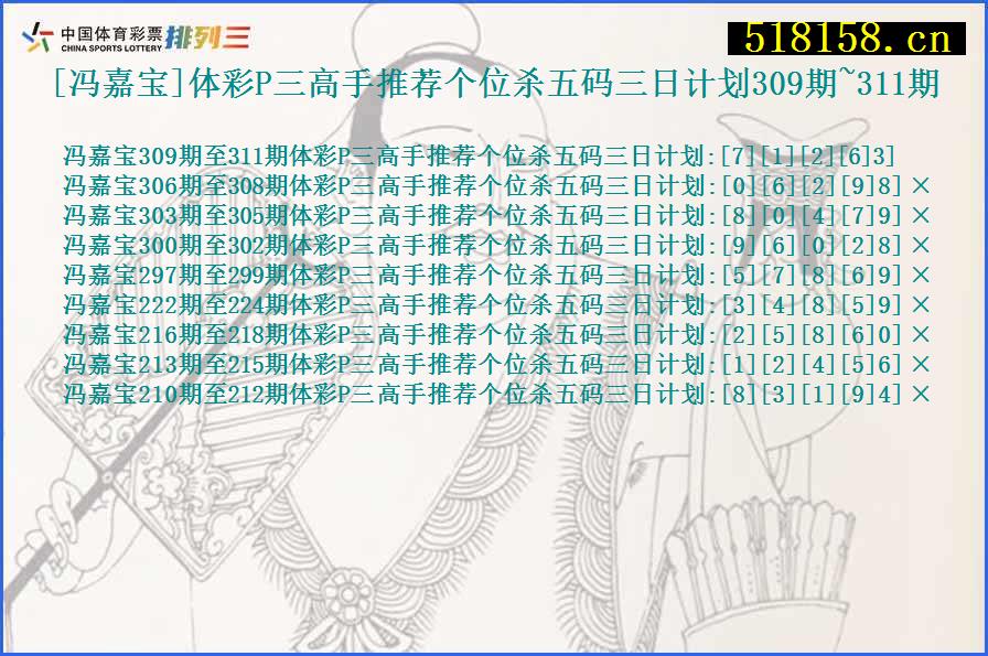 [冯嘉宝]体彩P三高手推荐个位杀五码三日计划309期~311期