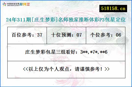 24年311期[庄生梦彩]名师独家推断体彩P3包星定位