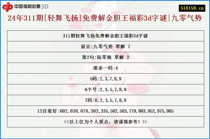 24年311期[轻舞飞扬]免费解金胆王福彩3d字谜|九零气势