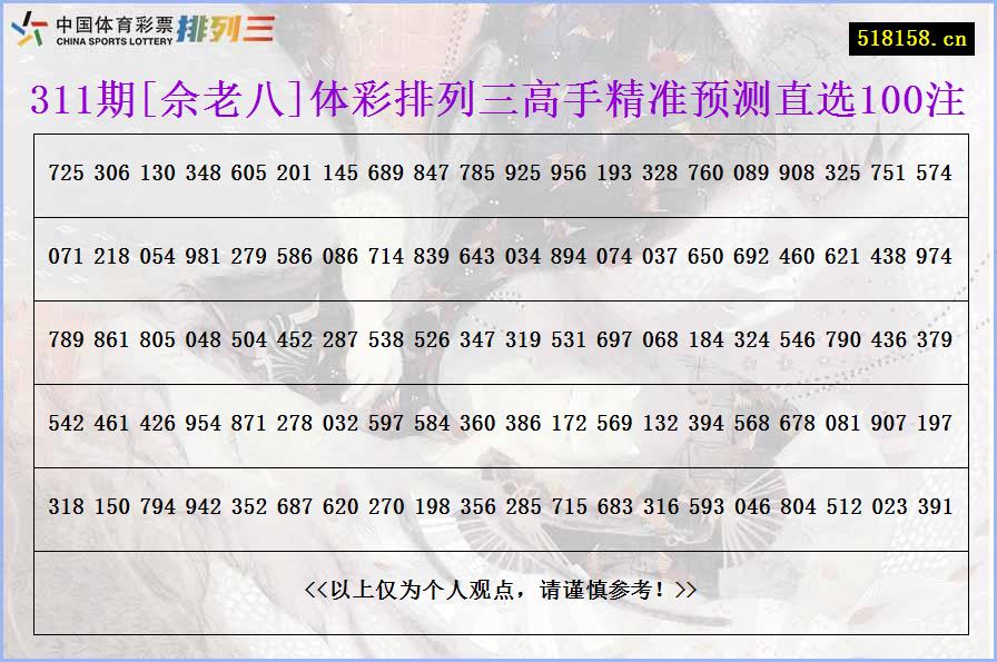 311期[佘老八]体彩排列三高手精准预测直选100注