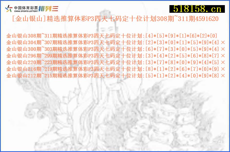 [金山银山]精选推算体彩P3四天七码定十位计划308期~311期4591620