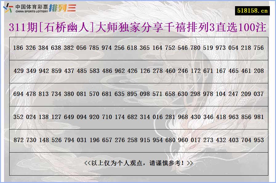 311期[石桥幽人]大师独家分享千禧排列3直选100注