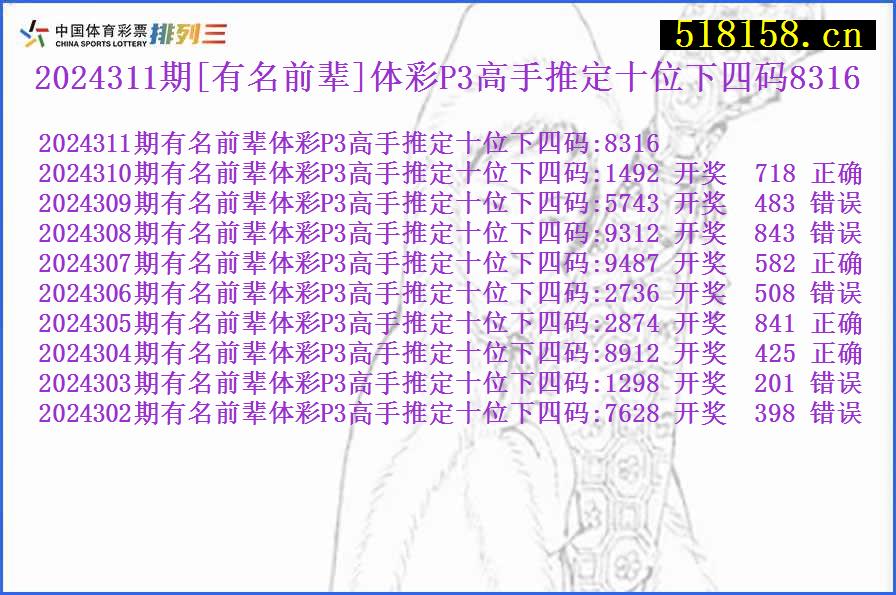 2024311期[有名前辈]体彩P3高手推定十位下四码8316