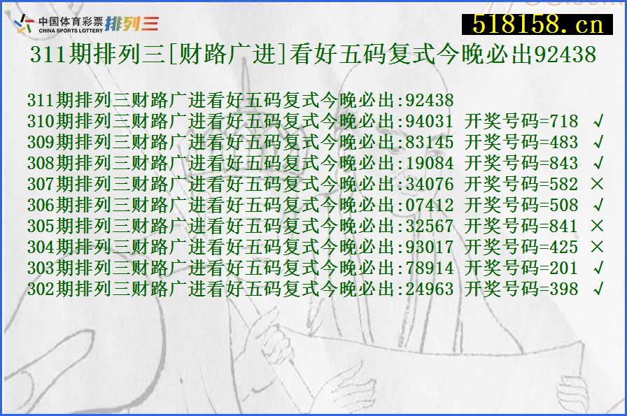 311期排列三[财路广进]看好五码复式今晚必出92438