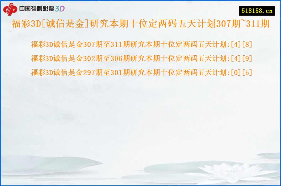 福彩3D[诚信是金]研究本期十位定两码五天计划307期~311期