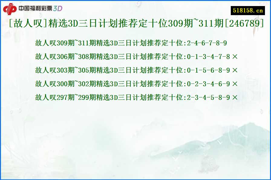 [故人叹]精选3D三日计划推荐定十位309期~311期[246789]