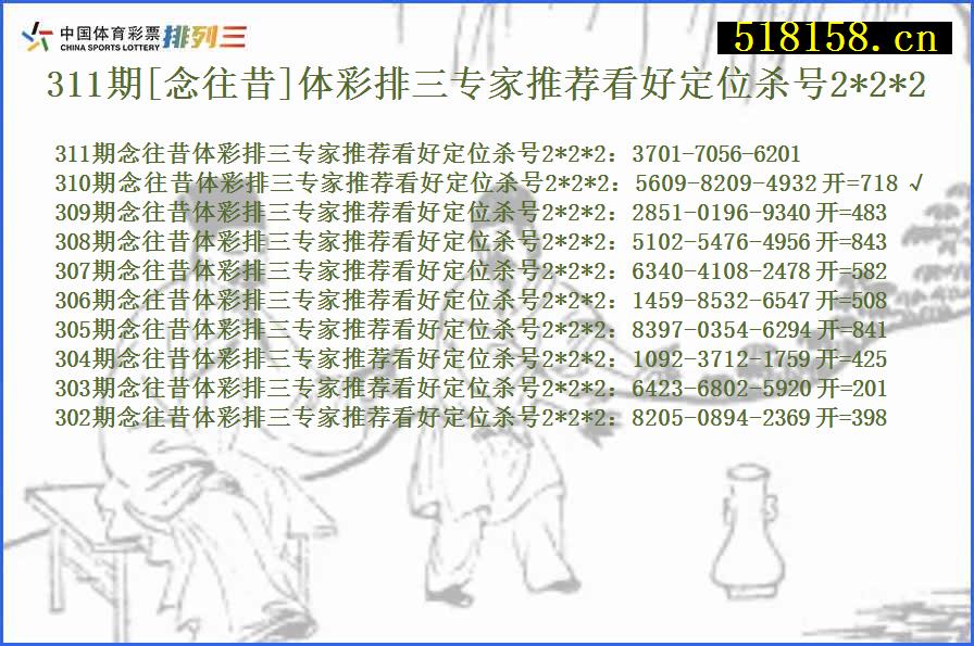 311期[念往昔]体彩排三专家推荐看好定位杀号2*2*2