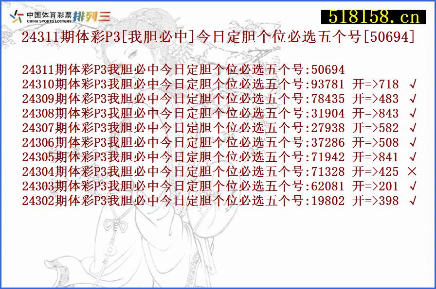 24311期体彩P3[我胆必中]今日定胆个位必选五个号[50694]