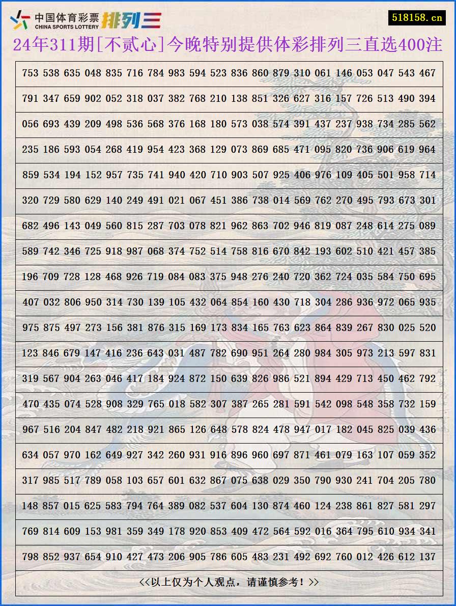 24年311期[不贰心]今晚特别提供体彩排列三直选400注