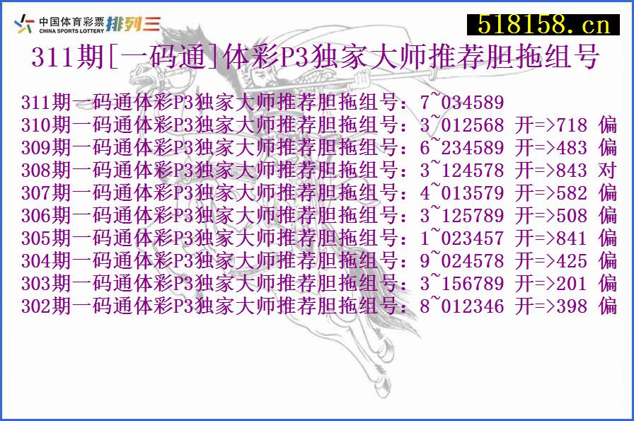 311期[一码通]体彩P3独家大师推荐胆拖组号