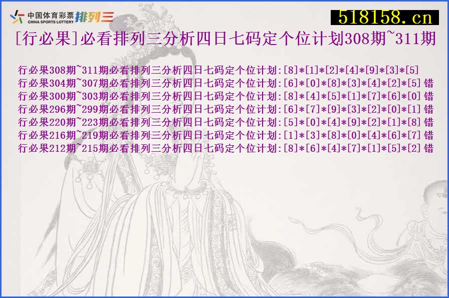 [行必果]必看排列三分析四日七码定个位计划308期~311期