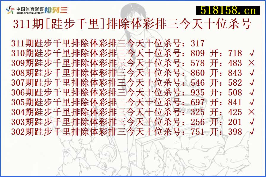 311期[跬步千里]排除体彩排三今天十位杀号