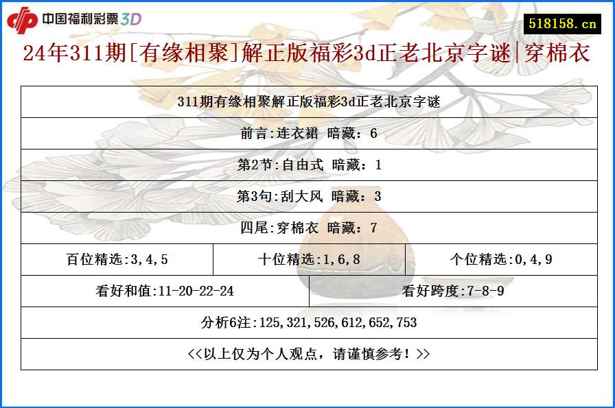 24年311期[有缘相聚]解正版福彩3d正老北京字谜|穿棉衣