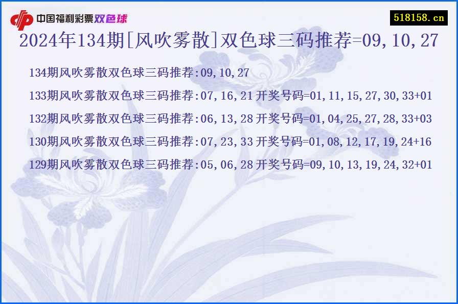 2024年134期[风吹雾散]双色球三码推荐=09,10,27