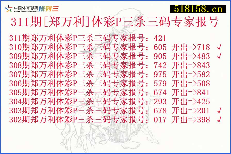 311期[郑万利]体彩P三杀三码专家报号