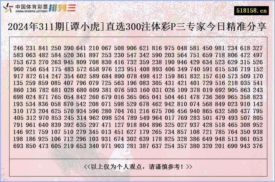 2024年311期[谭小虎]直选300注体彩P三专家今日精准分享