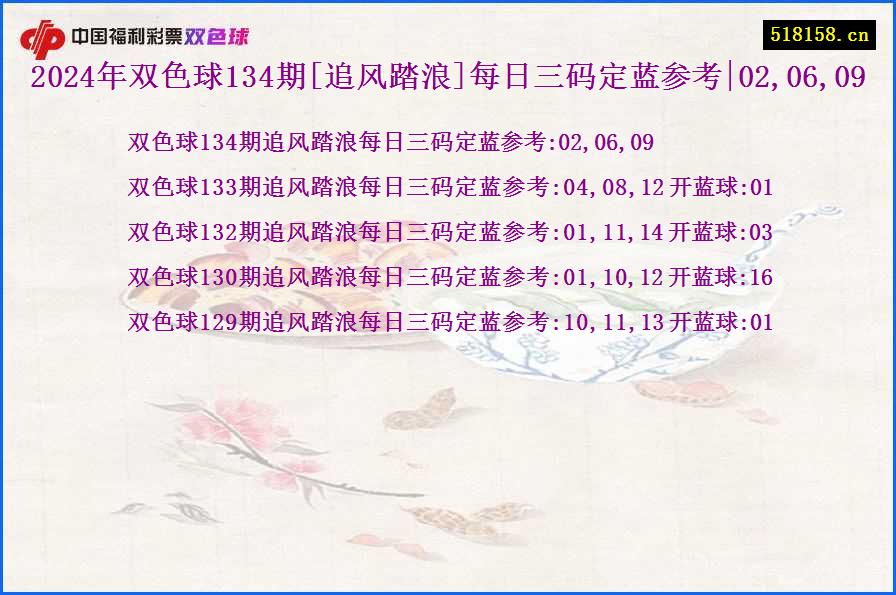 2024年双色球134期[追风踏浪]每日三码定蓝参考|02,06,09