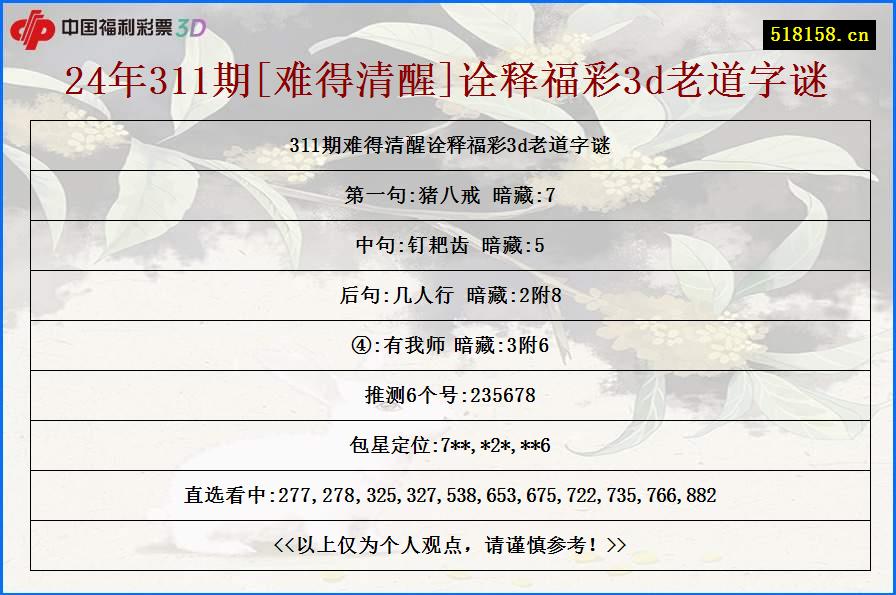 24年311期[难得清醒]诠释福彩3d老道字谜