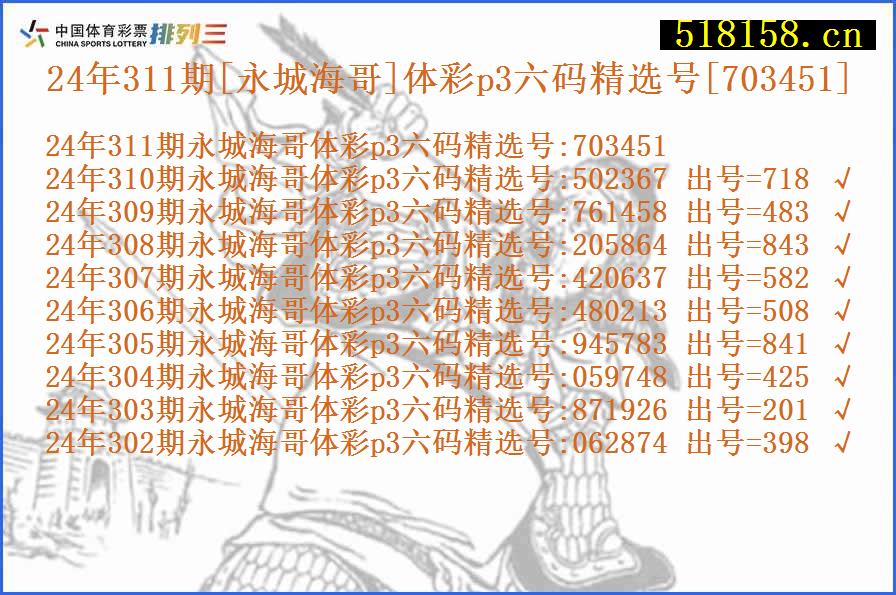 24年311期[永城海哥]体彩p3六码精选号[703451]