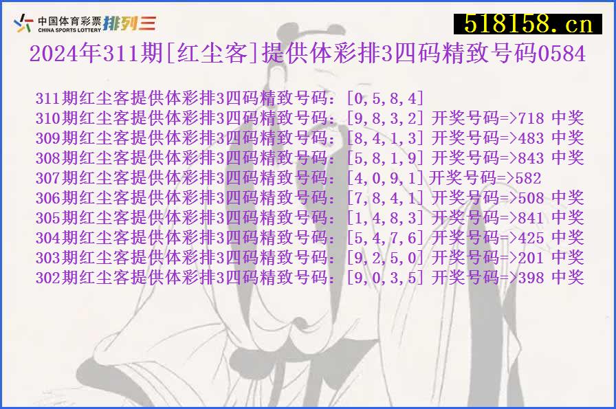 2024年311期[红尘客]提供体彩排3四码精致号码0584