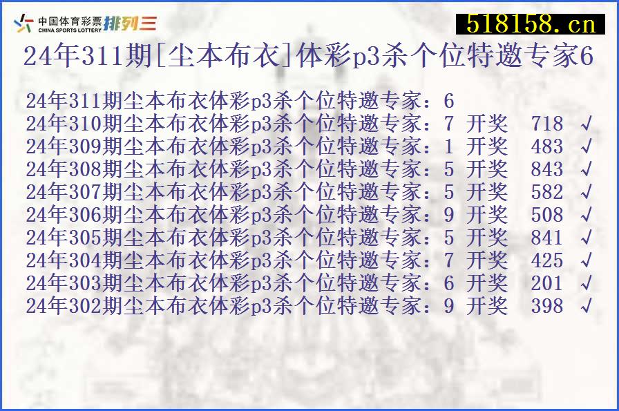 24年311期[尘本布衣]体彩p3杀个位特邀专家6